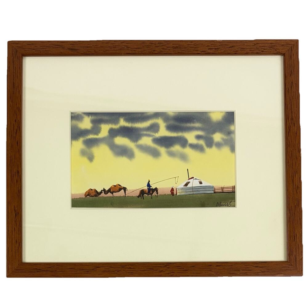 Original Mongolian Watercolor Signed Framed Yurts Horses Camels Nomad Camp